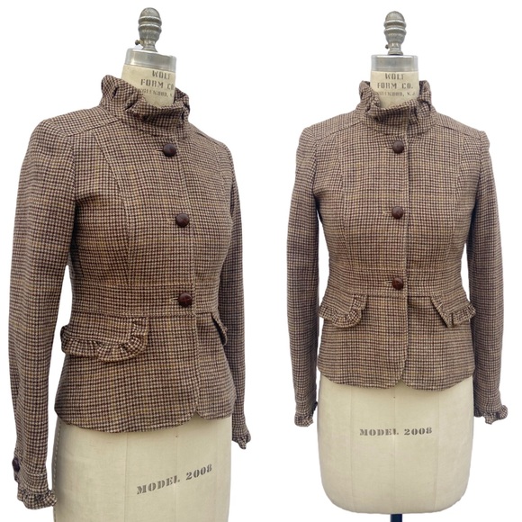 J. Crew Jackets & Blazers - J. Crew Brown Tweed Houndstooth Wool Ruffle Trim Jacket Blazer